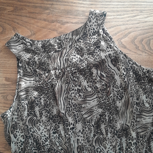 305a. brown vintage First Option leopard print sleeveless blouson y2k top, M - Picture 2 of 8